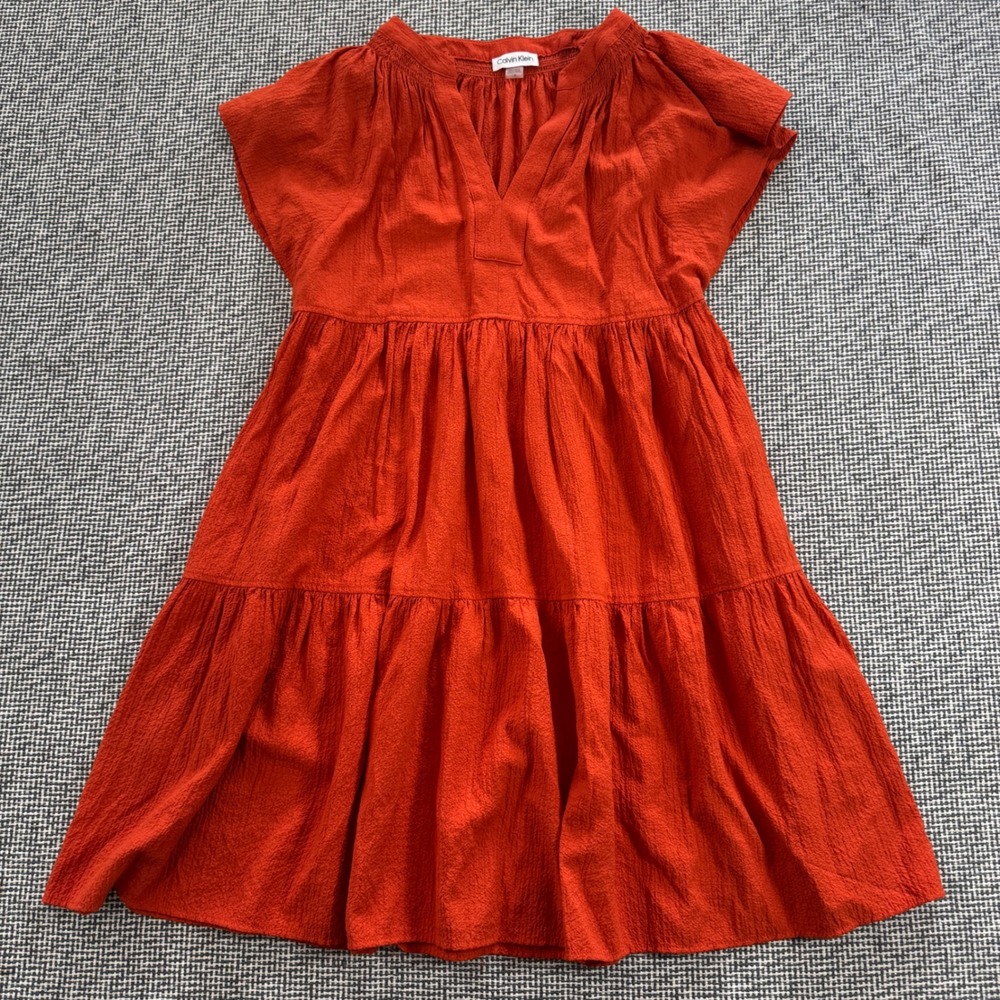 Calvin Klein Womens Rust Orange Tiered Babydoll Dress V-Neck Flutter Sleeve 10